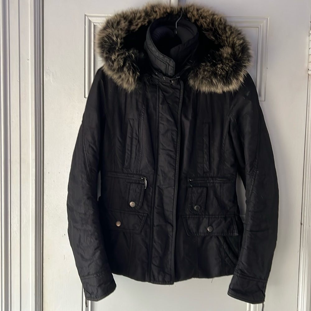 Beautiful Genuine Fox Fur hood, black jacket,well worn, but still lovely.